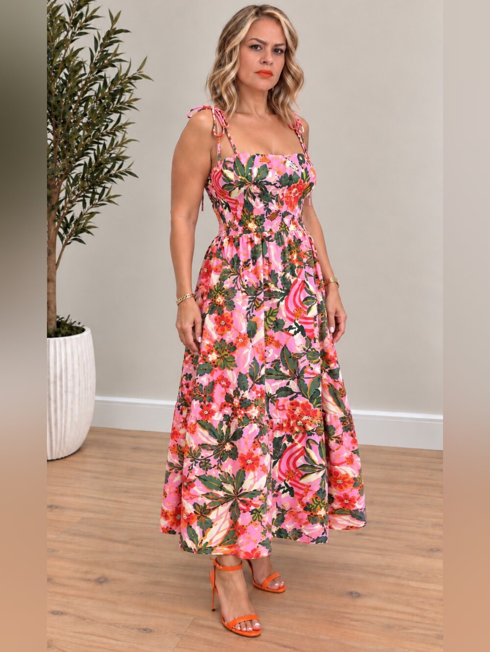 Floral Pink Tie-Shoulder Asymmetrical Maxi Dress
